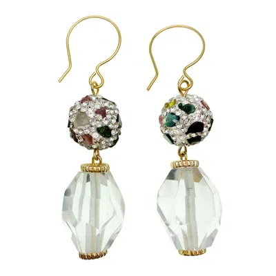 Farra Women's White Quartz With Rhinestones Bordered Tourmaline Dangle Earrings