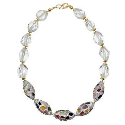 Farra Women's White Quartz With Rhinestones Bordered Tourmaline Short Necklace