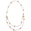 Farra Women's White / Red Freshwater Pearl With Red Agate And Maple Leaves Charm Long Chain Necklace In Multi
