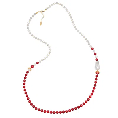 Farra Women's White / Red Freshwater Pearls And Red Coral With Baroque Pearl Timeless Necklace In Multi