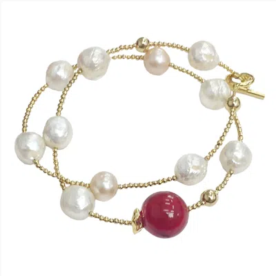 Farra Women's White / Red Freshwater Pearls & Round Coral Double Wrapped Bracelet In Gold