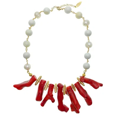 Farra Women's White / Red Giant Clam With Corals Statement Necklace In Multi