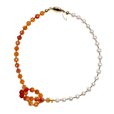 Farra Women's White / Red Knotted Orange Agate With Freshwater Pearl Short Necklace In Multi