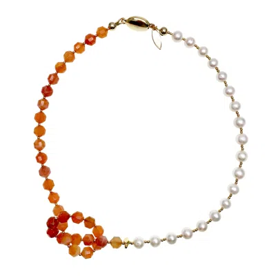 Farra Women's White / Red Knotted Orange Agate With Freshwater Pearl Short Necklace