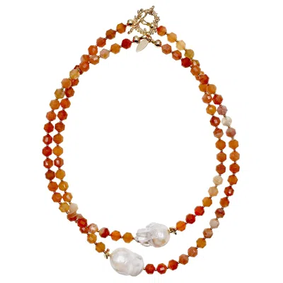 Farra Women's White / Red Orange Agate With Baroque Pearls Double Strands Necklace In Multi