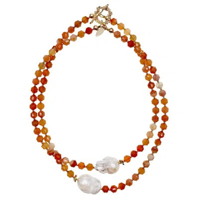Farra Women's White / Red Orange Agate With Baroque Pearls Double Strands Necklace In Brown