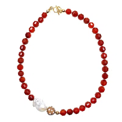 Farra Women's White / Red Red Agate With Baroque Pearl Short Necklace