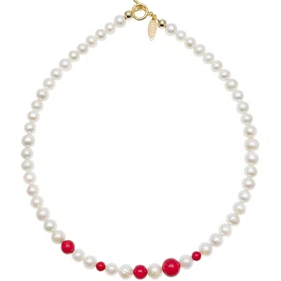 Farra Women's White / Red Round White Pearls And Red Coral Mixed Necklace In Multi
