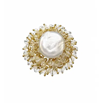 Farra Women's White Romantic Style Floral Freshwater Pearl With Crystal Cocktail Ring