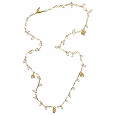 Farra Women's White Romantic Style Freshwater Pearl With Flower Charms Long Necklace