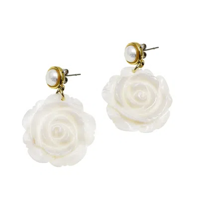 Farra Women's White Rose Flower Shaped Shell Dangle Statement Earrings