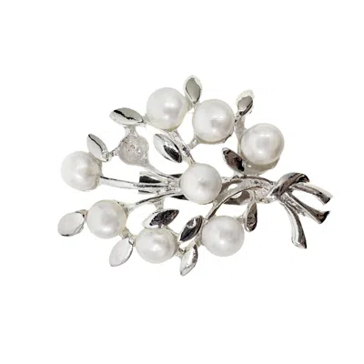 Farra Women's White Silver Color Leaf Adorned With Freshwater Pearls Brooch
