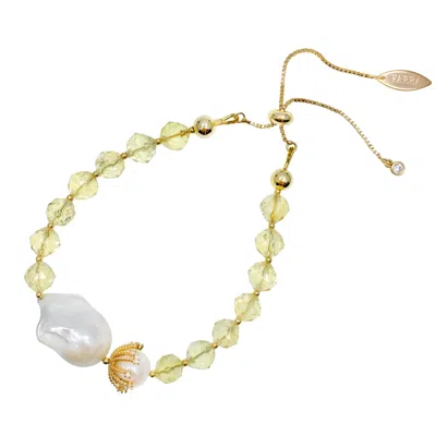 Farra Women's White / Yellow / Orange Citrine With Baroque Pearls Adjustable Bracelet In Gold