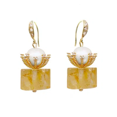 Farra Women's White / Yellow / Orange Cylinder Shaped Citrine With Freshwater Pearl Dangle Earrings In Multi