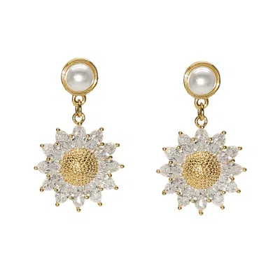 Farra Women's White Zircon Daisy Dangle With Pearl Stud Earrings