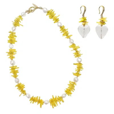 Farra Women's Yellow Bemboo Coral With Pearls Necklace And Earrings Set In Gold