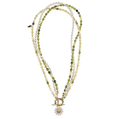 Farra Women's Yellow Green Gemstone And Pearls Necklace With Daisy Pendant