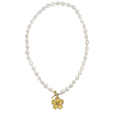 Farra Women's Yellow Irregular Freshwater Pearls With Citrine Flower Pendant Lariat Necklace