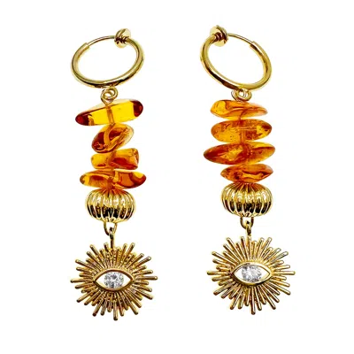 Farra Women's Yellow Natural Amber With Evil Eye Dangle Clip-on Earrings