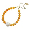 Farra Women's Yellow / Orange Agate Bracelet With Baroque Pearl Adjustable Bracelet In Orange