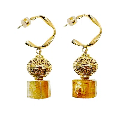 Farra Women's Yellow / Orange Citrine Chunky Hook Earrings In Gold