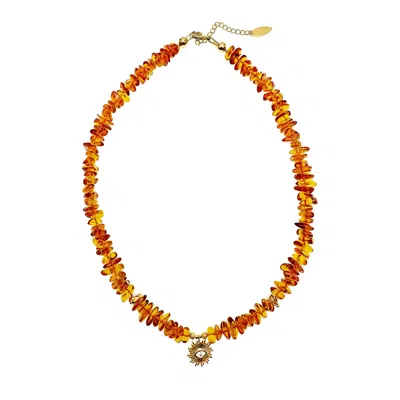 Farra Women's Yellow / Orange Natural Amber With Evil Eye Pendant Necklace