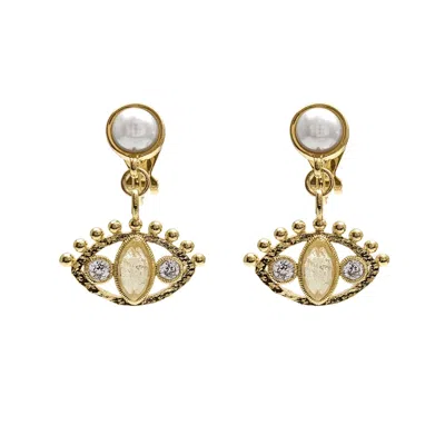 Farra Women's Yellow Turkish Evil Eye Adorned Citrine Stone Pearl Stud Earrings