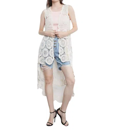 Fashion City Floral Pattern Solid Long Crochet Vest In Ivory In Multi