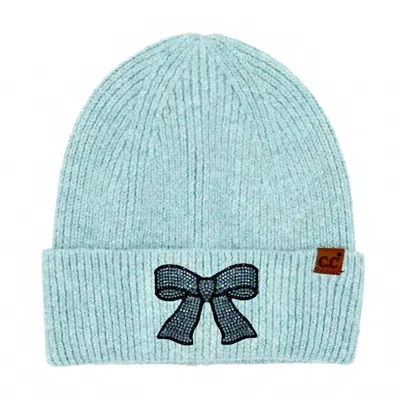 Fashion City Women's Rhinestone Ribbon Bow Embellishment Beanie In Light Blue