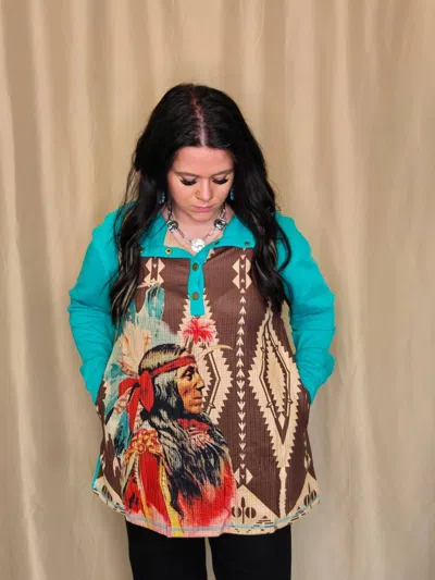 Fashion Express Red Cliffs Pullover Top In Turquoise In Multi