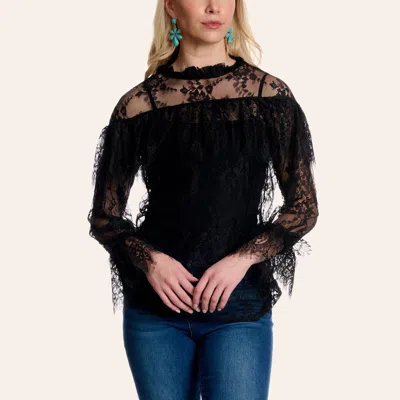 Fashion Express Women's Black Lace Ruffle Long Bell Sleeve Top