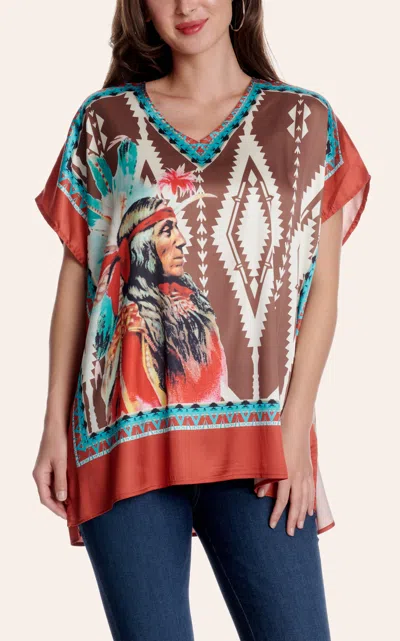 Fashion Express Women's Brown & Coral Native American Print Top In Multi