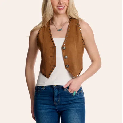 Fashion Express Women's Brown Faux Suede Silver Stud Cropped Vest
