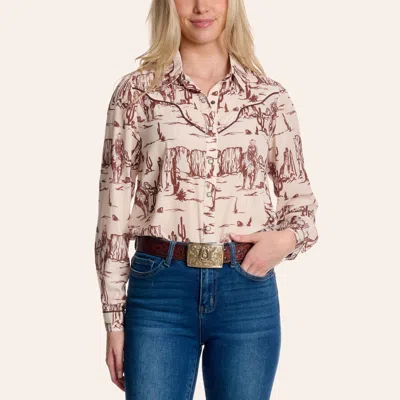 Fashion Express Women's Coffee Western Print Long Sleeve Pearl Snap Western Shirt In Brown
