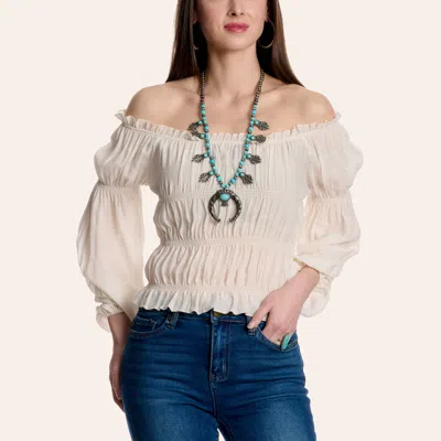 Fashion Express Women's Cream Sheer Smocked Long Sleeve Off Shoulder Top In Neutral