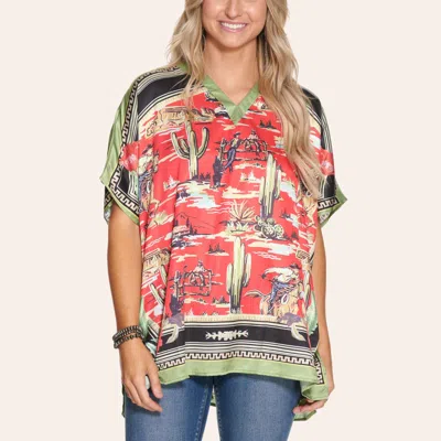 Fashion Express Women's Red And Green Retro Cowboy Print Silky Poncho Top