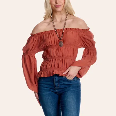 Fashion Express Women's Rust Off Shoulder Gathered Long Sleeve Top In Brown