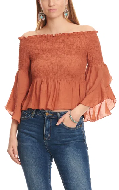 Fashion Express Women's Rust Smocked Off The Shoulder Long Bell Sleeve Top In Brown