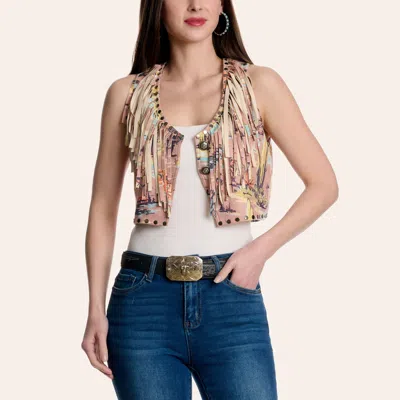 Fashion Express Women's Taupe Western Print Fringed Cropped Vest In Brown