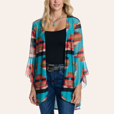 Fashion Express Women's Turquoise Aztec Print Bell Sleeve Cardigan In Multi