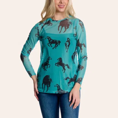 Fashion Express Women's Turquoise Horse Print Long Sleeve Mesh Top In Blue