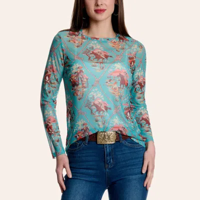 Fashion Express Women's Turquoise Western Print Long Sleeve Mesh Top In Blue
