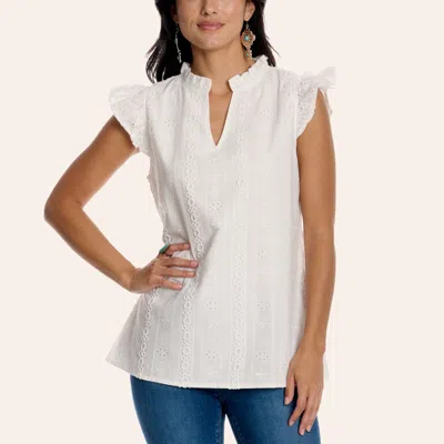 Fashion Express Women's White Floral Eyelet Flutter Sleeve Top