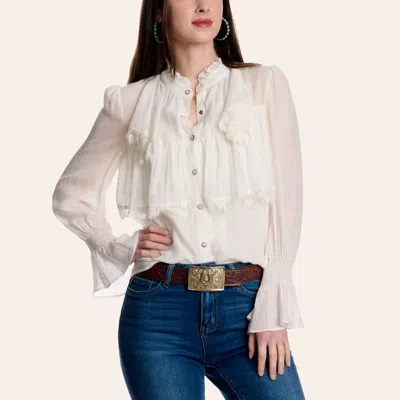 Fashion Express Women's White Lace Ruffle Pearl Snap Shirt