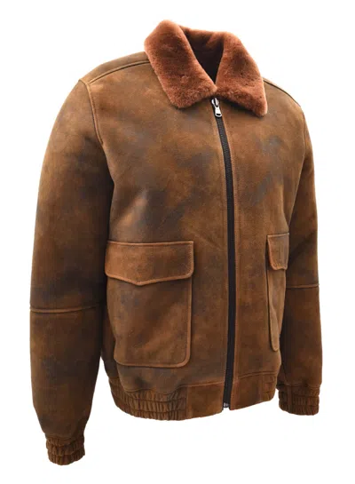 Pre-owned Fashion Mens Genuine Sheepskin Bomber Jacket Antique Soft Brown Ginger Shearling Klaus