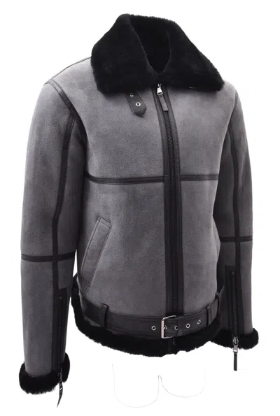 Pre-owned Fashion Mens Real Sheepskin Flying Jacket Raf Bomber B3 Aviator Grey Black Shearling