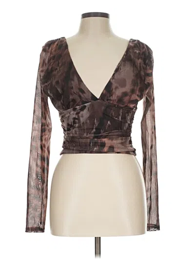 Pre-owned Fashion Nova Long Sleeve Top Brown Plunge Neckline Tops