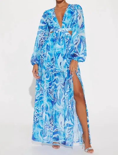 Fashion Nova Villa Vacation Chiffon Maxi Dress In Blue