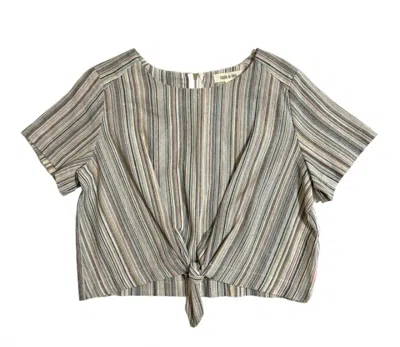 Fashion On Earth Women's Striped Linen Cotton Front Tie Short Sleeve Crop Top In Multicolor