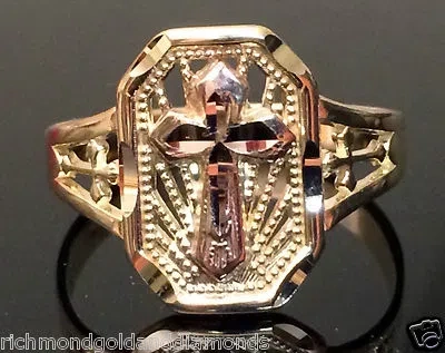Pre-owned Fashion Ring 14k Rose & Yellow Gold Cross Ring Band Right Hand Promise  In Pink